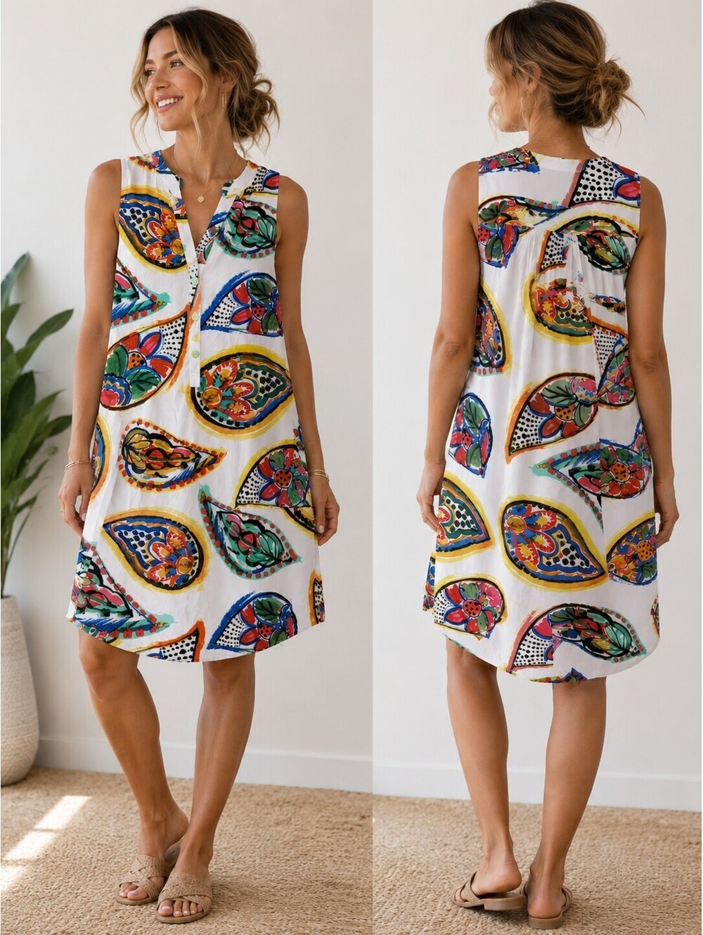 Jams World Hawaii Chardonnay V-Neck Henley Sleeveless Tunic Dress Sz Sm Paisley